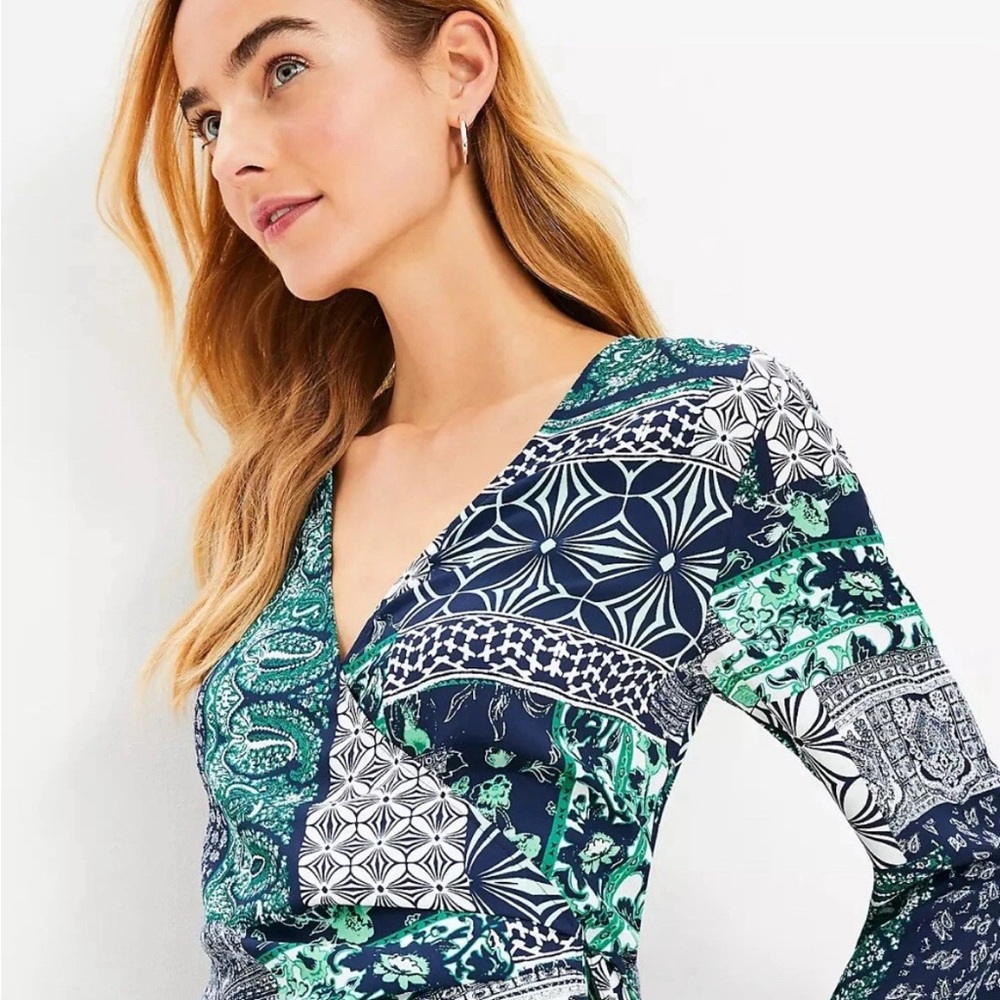 Loft Nwot Patchwork Wrap Blouse - Deep Space Blue… - image 1